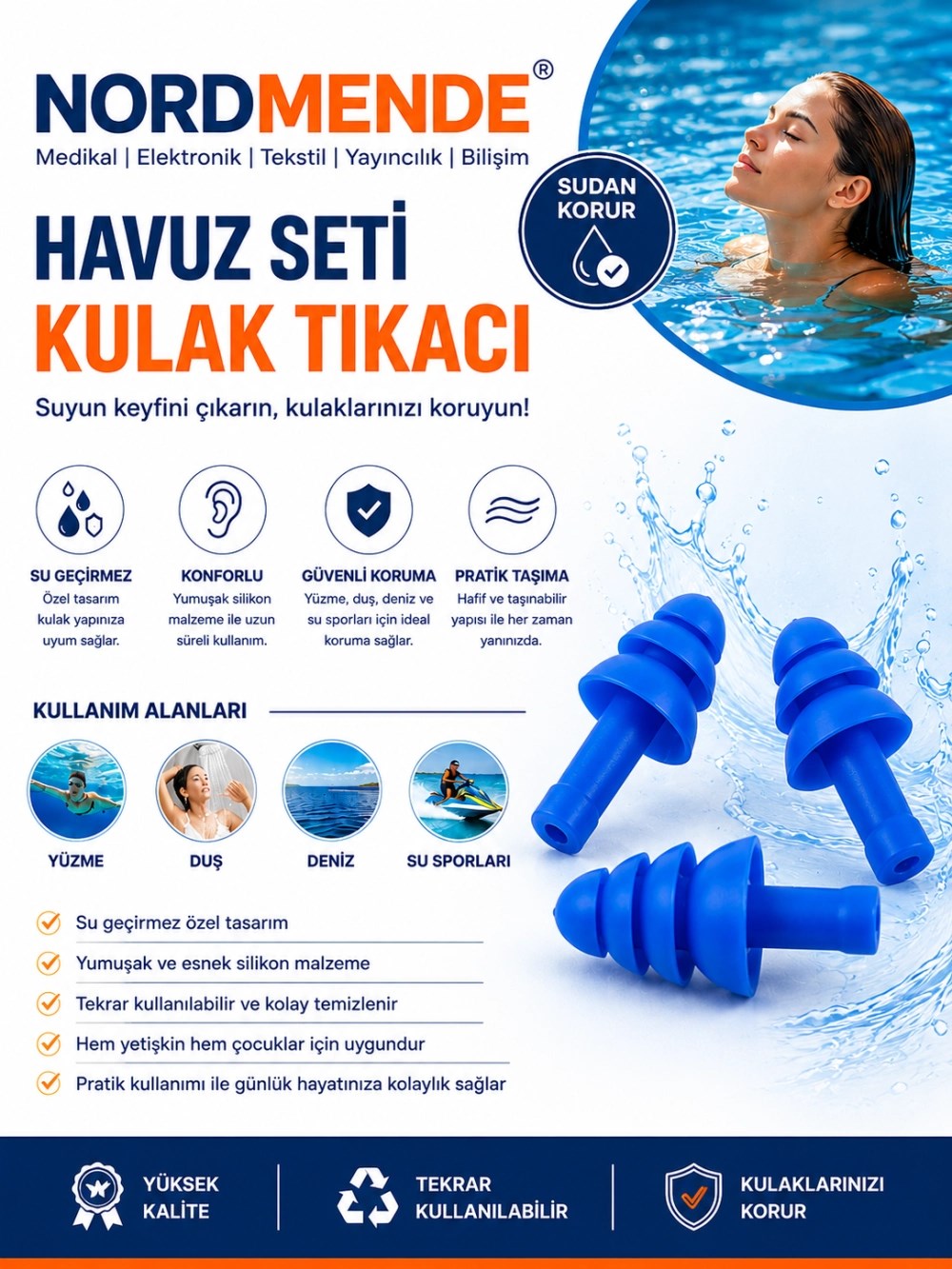NORDMENDE Havuz Seti Silikon Kulak Tıkacı Su Sporları Yüzme Deniz Duş İçin Su Geçirme Engel Tıkaç