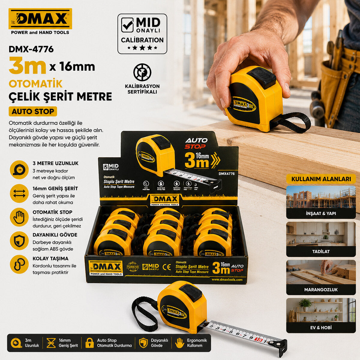 12 Adet 3MT X 16MM Otomatik Çelik Şerit Metre Stoplu