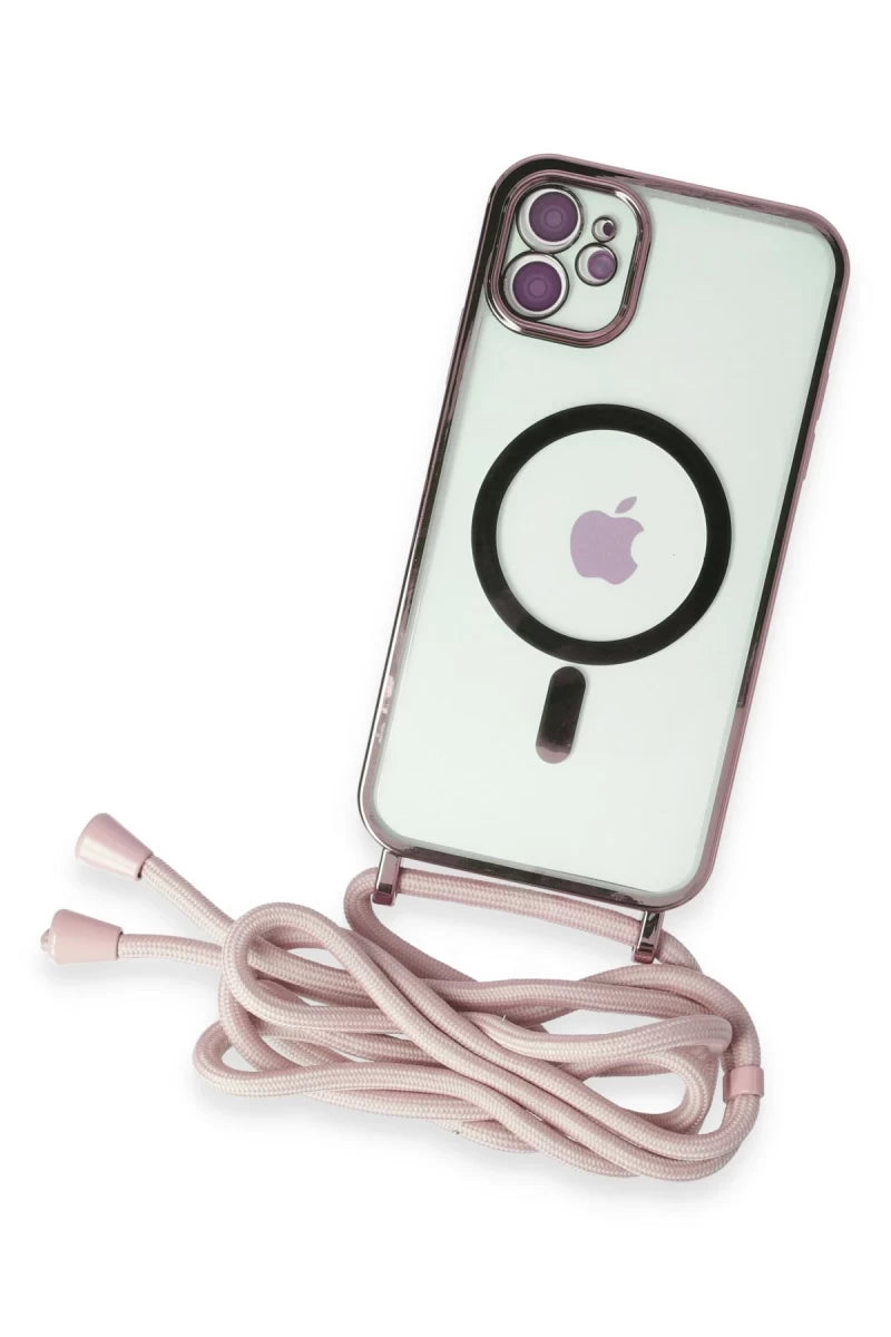 Apple iPhone 11 Kılıf Divo Lazer Askılı Magsafe Kapak - Pembe