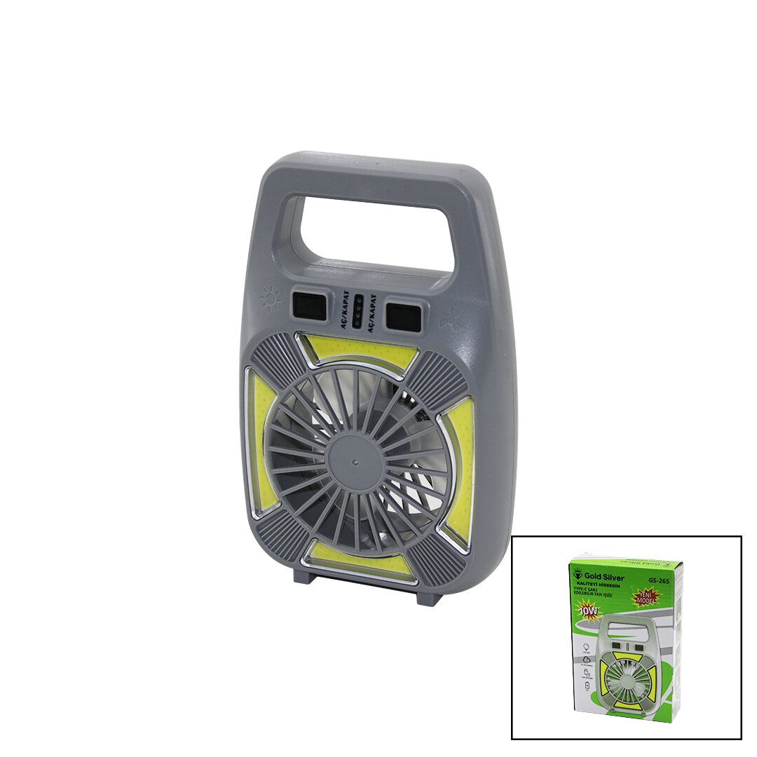 2İN1=MİNİ FAN - FENER USB ŞARJ 2 KADEME HIZ LAMBA=4 FONKSİYON - 10W SU GEÇİRMEZ TAŞIMA KULP MİNİ VANTİLATÖR GS-265 (5643)