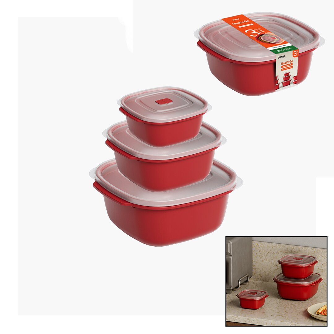 3 PCS KIRMIZI KARE SAKLAMA KABI SET 550-1100-2200ML (5643)