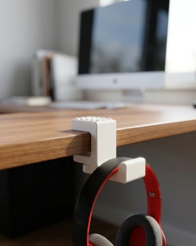 AtalarStudio Kulaklık Standı Masa Kenarı Kıskaç Tutucu, Mini Figür Sergi Yüzeyli, 18-33mm Masa Uyumlu, Vidalı Sıkıştırma Sistemi, Oyun ve Ofis Masası Aksesuarı, 3D Baskı, Beyaz