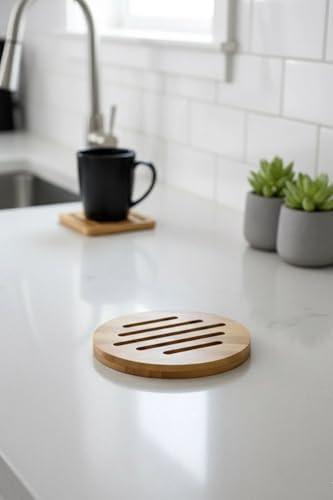 Doğal Bambu Yuvarlak Çizgili Nihale, Mutfak İçin Şık Isı Altlığı, 17 cm, Nemli Bezle Silinebilir