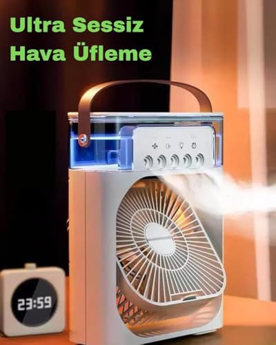 Şarjlı Soğutmalı Vantilatör - Beyaz - 7 Renk LED Işıklı Mini Hava Soğutucu, Buharlı Nemlendirici, Parfüm Hazneli, Zaman Ayarlı, Taşınabilir USB Fan (Ev & Ofis İçin)