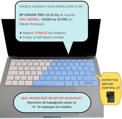 Türkçe Q Klavye Koruyucu MacBook A1534 A1708 Uyumlu UK Avrupa Ters L Enter Silikon Klavye Koruyucu Renkli Pastel Tasarım Mavi Pembe