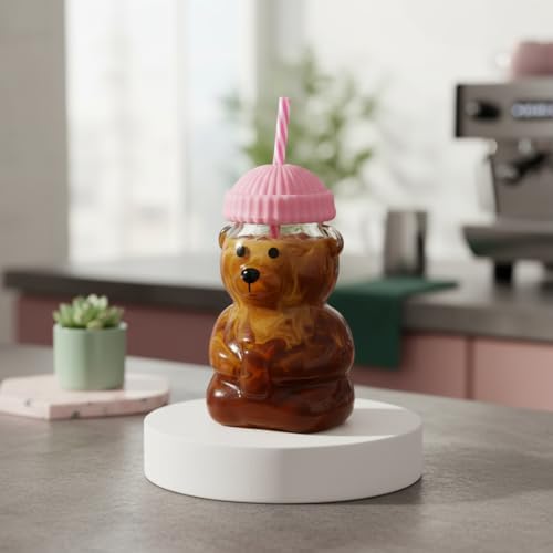 Sevimli Ayıcık Figürlü Borosilikat Cam Bardak 580 ml - Silikon Kapaklı ve Pipetli Lüx Barista Soğuk İçecek Bardağı (PEMBE)