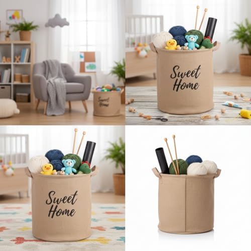 Yuvarlak Jüt Düzenleyici Sepet (Çap 32cm, Yükseklik 36cm) – Krem Renk Katlanabilir Kumaş Kulplu Organizer | Büyük Boy Oyuncak, Çamaşır, Battaniye ve Ev Tekstili Sepeti