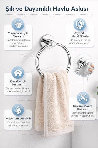 Yuvarlak Havlu Halkası Krom Kaplama, Duvara Monte Yuvarlak Banyo Havluluk, Dayanıklı Metal El Havlusu Askısı, Modern Parlak Krom Tasarım, Paslanmaya Dayanıklı Banyo Aksesuarı