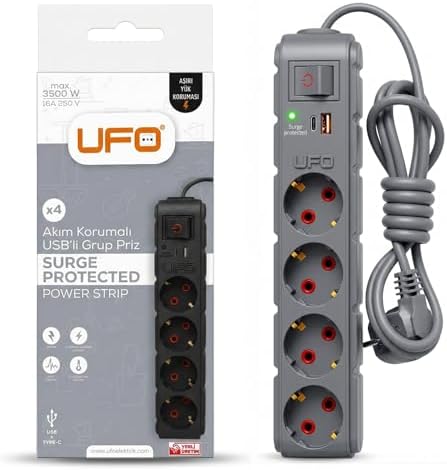 Yeni 4lü Akım Korumalı Grup Priz 1,5 Metre Bakır Kablolu, 5V 2,4A USB ve Type-C ile Şarj, Anahtarlı Topraklı Priz, Sürekli Koruma, 16A 250V, Max 3500W Aşırı Yük Koruması, 1,5m. Gri renk