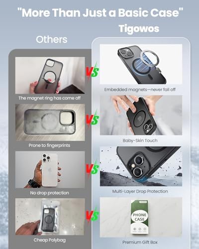 Tigowos Telefon 15 Telefon Kılıfı ile Uyumlu MagSafe 10FT Düşmeye Dayanıklı Mat Cilt Hissetme Arka Kapak Alüminyum Alaşımlı Anahtarlar Telefon 15 Kılıflar için, Mat Siyah