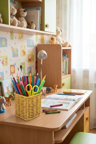 Kare Hasır Dokulu Plastik Rattan Kaşıklık ve Çatallık, Askılı Kendiliğinden Tutmalı Çok Amaçlı Mutfak Organizeri, 10x10x14 cm