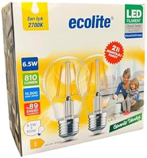 6,5W LED Filament Ampul E27 | 60W Eşdeğer | 2700K Sarı Işık | 810 Lümen | 2’li Paket | Enerji Sınıfı E