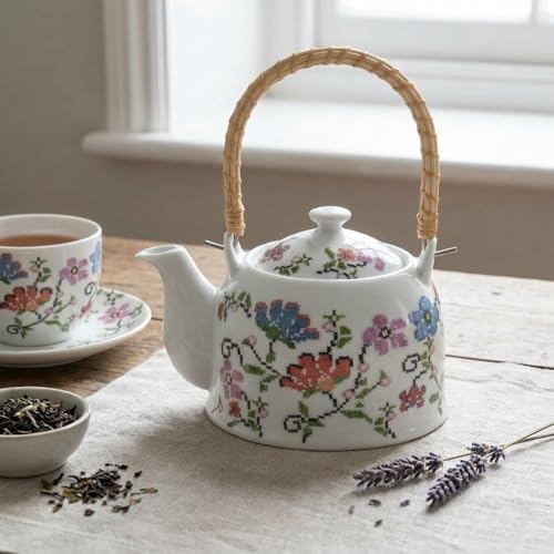 Porselen Çini Piraye Demlik - Bambu/Hasır Saplı, Ateşe Dayanıklı Nostaljik Bitki Çayı ve Çay Demliği (900 ml - 2 Farklı Desen Seçeneği) (PIRAYE)