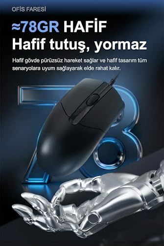 Kablolu Ofis Mouse 1000 DPI Optik Sensör 78g Hafif Ergonomik Tasarım Sessiz Tıklama USB Bağlantı ABS Gövde Dayanıklı Bilgisayar Laptop Uyumlu Siyah Fare | NJ01