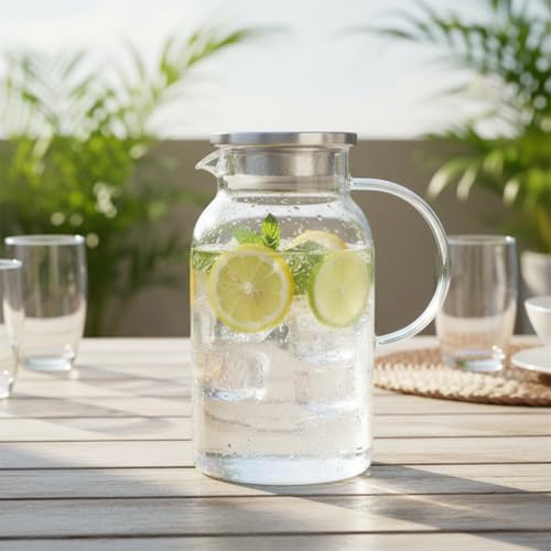 Borosilikat Cam Sürahi - Silikon Contalı Süzgeçli Metal Kapaklı | Konik, Fitilli ve Düz Model Seçenekleri | Isıya Dayanıklı Şeffaf Karaf (1800 ml - 2000 ml) (DÜZ - 1800ML)