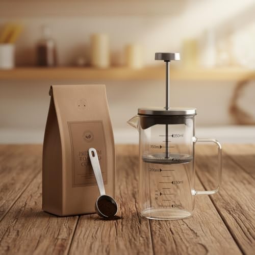 Borosilikat Cam French Press 350ml - Paslanmaz Çelik Filtreli Ölçekli Kahve ve Bitki Çayı Demliği - Isıya Dayanıklı Kişisel Kupa - Metal Kapaklı