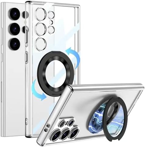 Galaxy S24 ile uyumlu Yüzük Aparatlı 360° Dönebilen Stand Özellilki MagSafe ile uyumlu Çift Katmanlı 2mm Kamera Koruma Yüksek Kalite Glamour Galaxy S24 Kapak Şeffaf