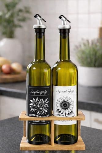 Zeytinyağı ve Ayçiçek Yağı Şişesi Seti, Beyaz Etiket ve Yağdanlık Aparatlı, Korumalı Ahşap Standlı 750 ml, 2 Adet, Yeşil Cam Şişe (Korumalı Standlı, Gri)