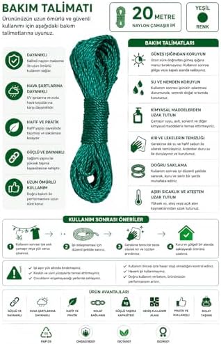 20 Metre Yeşil Naylon İp 3 mm, Çok Amaçlı Dayanıklı Çamaşır İpi, Kamp Bahçe Balkon Hamak ve Taşıma Sabitleme İpi, Dayanıklı Çamaşır İpi Kalın, Asma İpi Güçlü Halat İp, Sağlam İp, Kaliteli