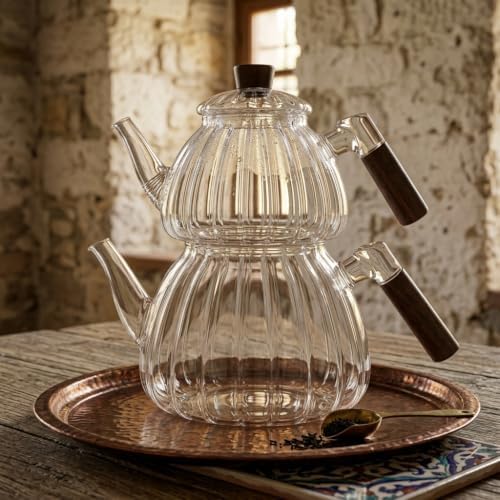 Akasya Cam Çaydanlık Takımı 1500 ml + 600 ml - Ahşap Kulplu, Çizgili Tasarım Isıya Dayanıklı Borosilikat Şeffaf Çaydanlık