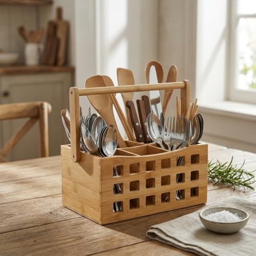 4 Bölmeli Saplı Doğal Bambu Çatal Bıçak Sepeti - Çok Amaçlı Masaüstü Organizer Mutfak Düzenleyici ve Kalemlik Standı (23x15 cm)
