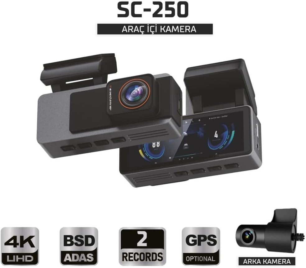 Sentinel SC-250 4K UHD Araç İçi Kamera | ADAS & BSD, Wi-Fi, GPS Opsiyonel, 170° Geniş Açı, 24 Saat Park Modu