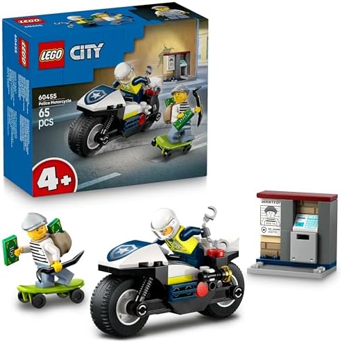 City Motosikleti Takibi 60455-4 Yaş Üzeri Kız ve Erkek Çocuklar için Motosikleti Oyuncağı, Hırsız Kaçış Kaykayı ve Mini Açılabilir ATM İçeren Yaratıcı Oyuncak Yapım Seti (65 Parça)