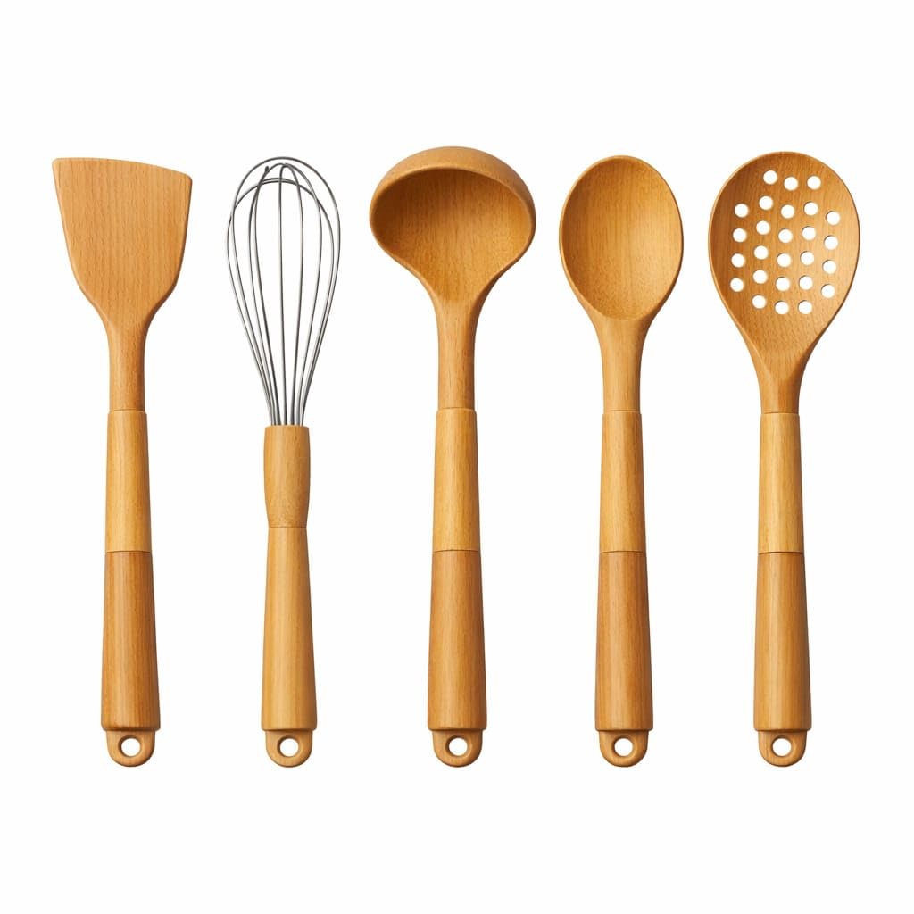 Silikon Mutfak Pişirme Gereçleri Seti, 5 Parça Yapışmaz Mutfak Gereçleri Seti Ahşap Saplı Spatula Seti Isıya Dayanıklı Silikon Tencere Mutfak Gereçleri (Açık Kahverengi)
