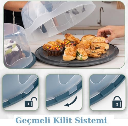 Geçmeli Kilitli, Kapaklı ve Kulplu Yaş Pasta, Kek Taşıyıcı, Mutfak Saklama İçin Yuvarlak Fanus, BPA İçermeyen Kek Fanusu, Börek, Çörek Saklama Kabı, Cupcake, Turta Taşıma Kutusu (1, Krem, 12×28)