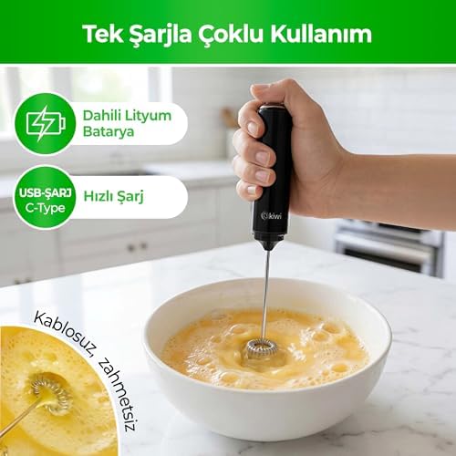 -1224 Şarjlı Kablosuz Mini Mikser – Tek Bardaklık Ayran, Kahve ve Yumurta Çırpıcı, Kapaklı Type-C Güçlü Süt Köpürtücü