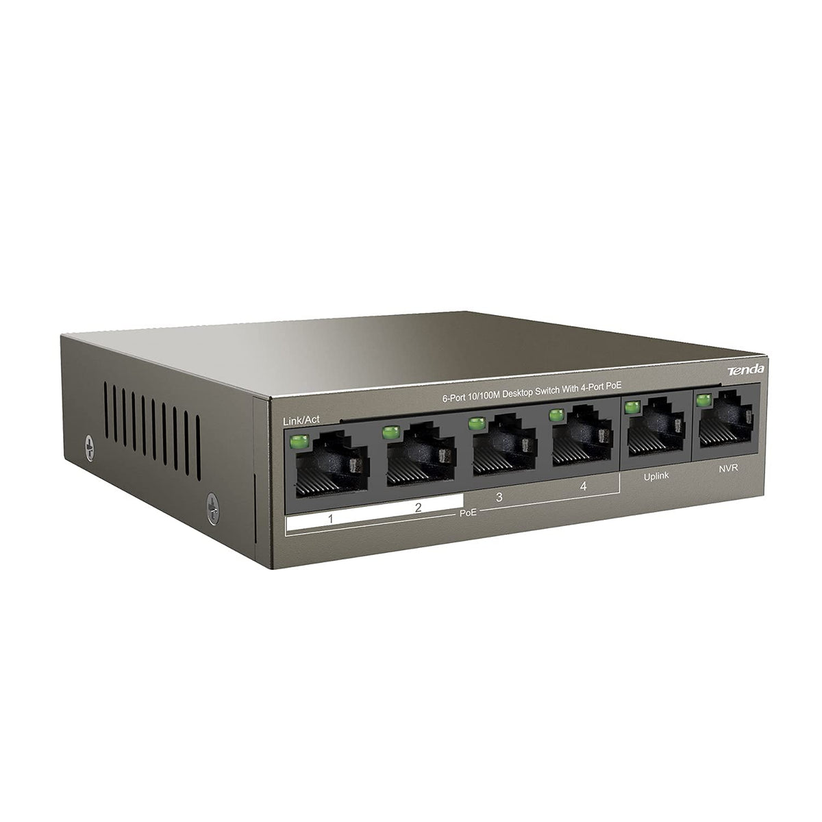Tenda 6 Port Fast Ethernet PoE Anahtarı, 4 PoE+ Bağlantı Noktası, Uplink ve NVR Bağlantı Noktası (QoS, Tak ve Çalıştır, IEEE-802.3af/at, Fansız, 250 m Menzil, Metal Gövde) (TEF1106P-4-63W)