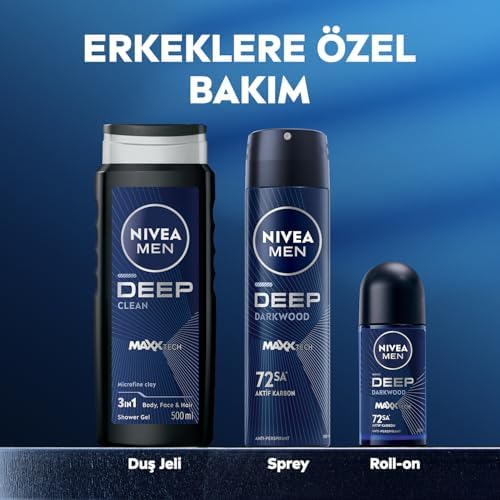 MEN Erkek Deep Darkwood Banyo ve Duş Jeli 500 ml,Derinlemesine Temizlik,Bakımlı Cilt,Vücut,Yüz ve Saç İçin,Ferah Koku,Aktif Karbon