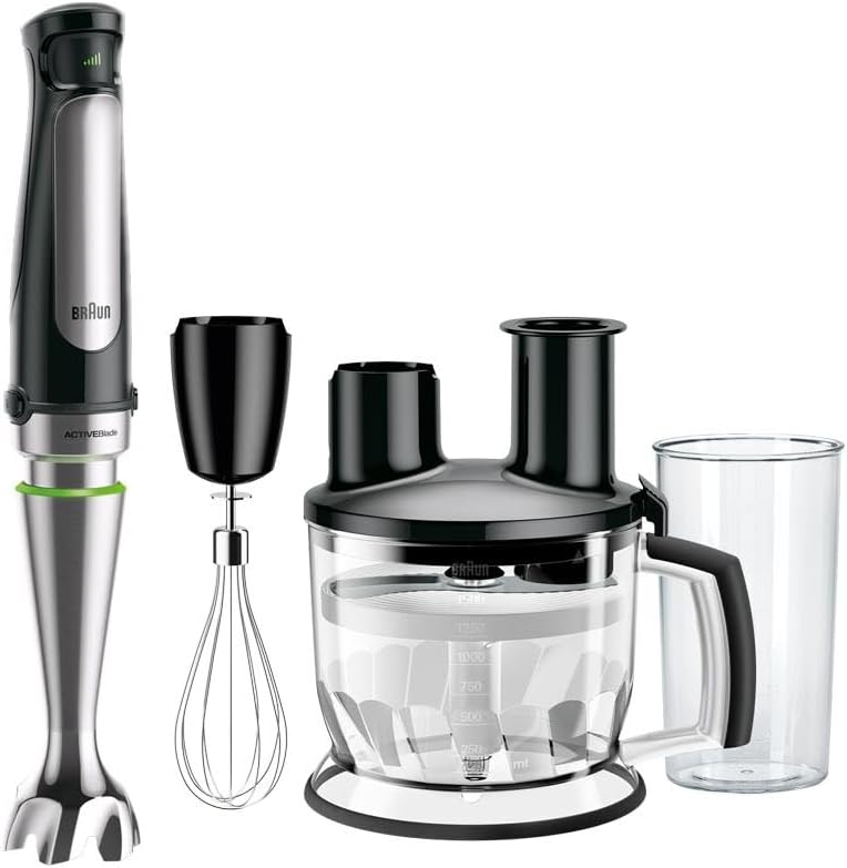 Braun MultiQuick 7 MQ 7075X el blenderi, ActiveBlade teknolojisine sahip çıkarılabilir paslanmaz çelik blender ayağına sahip el blenderi, 3 parçalı aksesuar seti dahil, 1000 watt, siyah
