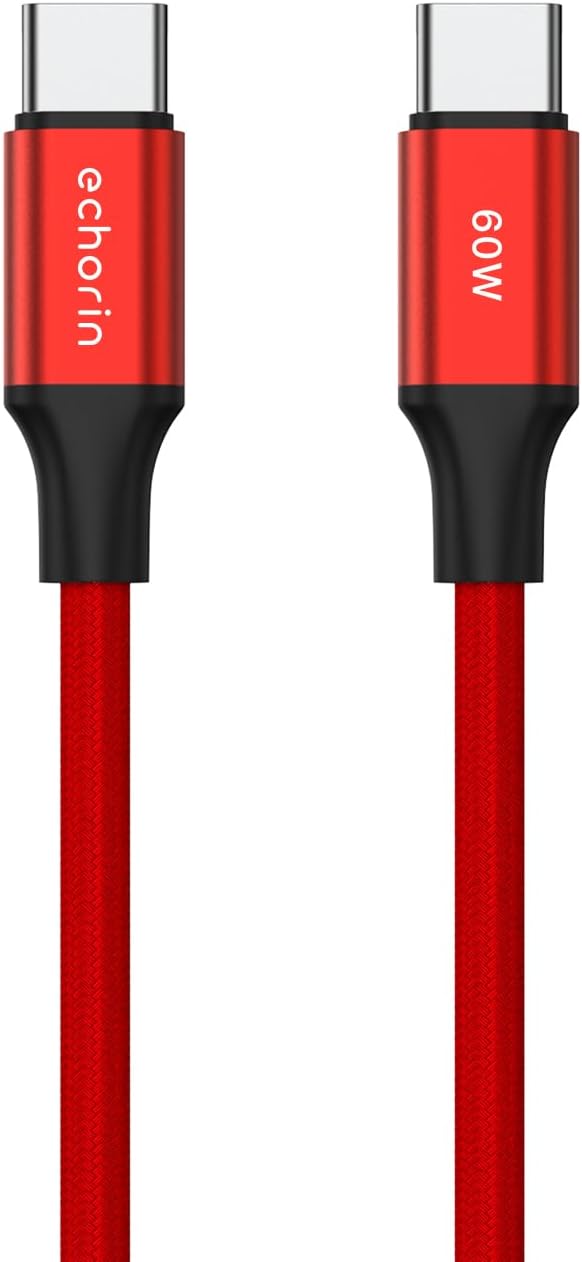 USB C'den USB C'ye 60W, 2.4A, 1m, PD 2.0, Çift Kat Örgülü Hızlı Şarj ve Data Kablosu (Kırmızı, 1 metre)