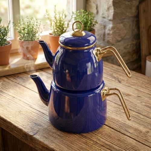İçten Kaplamalı Emaye Çaydanlık Takımı - Gold Detaylı Nostaljik Alt Üst Çay Seti (1.2 Litre + 2 Litre) - 3 Renk Seçeneği (MAVİ)