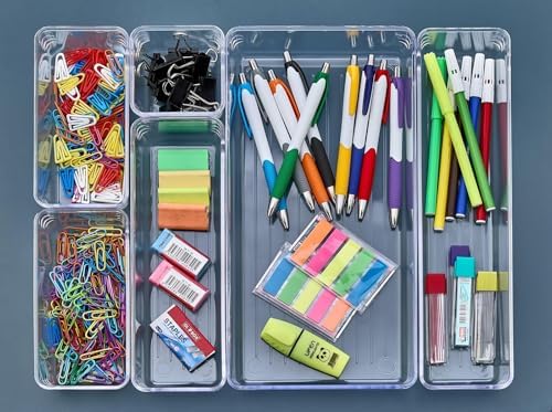 6'lı Şeffaf Çekmece Düzenleyici Seti – Plastik Organizer Kutular | Makyaj, Ofis, Mutfak ve Banyo Düzeni İçin 6 Farklı Boyda Şeffaf Kutu