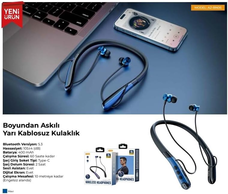 AZ-BN05 Boyun Askılı Bluetooth Kulaklık (400mah, 60 saat bekleme)