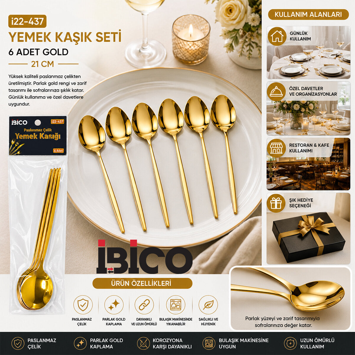 60 PARÇA GOLD YEMEK KAŞIK SETİ 21CM - 1 PAKET İÇİNDE 6 ADET VARDIR - 10 PAKET GÖNDERİLİR (5643)