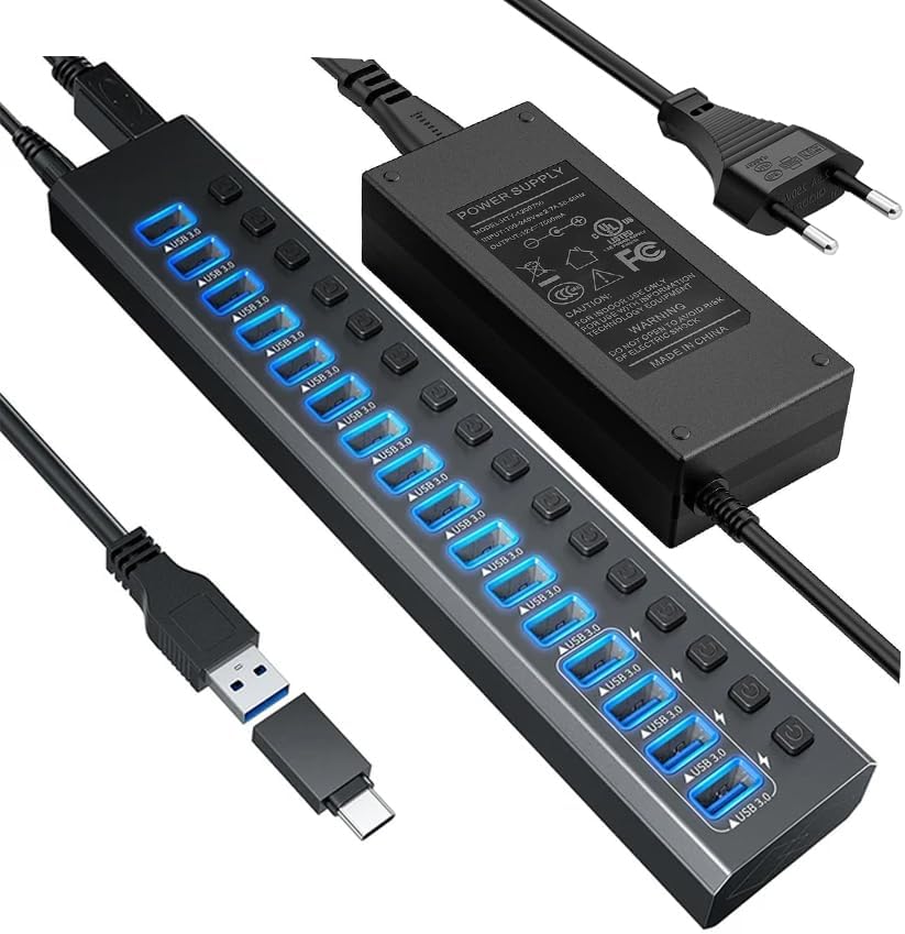 Coverzone Profesyonel USB Hub 16 Portlu USB 3.0 Type-C 5Gbps Hızlı Şarj Bireysel Açma Kapama Anahtarları 12V DC 7.5A Güç Adaptörü Telefon Şarj Dizüstü Bilgisayar Mobil HDD Flash Sürücü Port16
