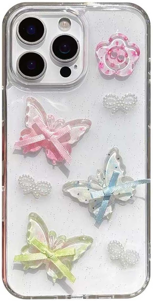 3D Kelebekli Şeffaf Simli iPhone 13 Uyumlu / 14 Uyumlu Kılıf – Kamera Korumalı, Darbe Emici Silikon