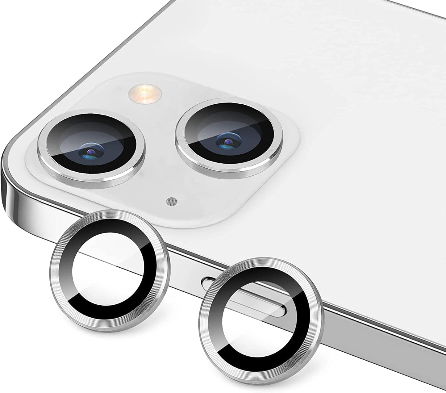 İphone 14-14 Plus ile Uyumlu Alüminyum Alaşım Çerçeveli Tempered Glass Kamera Lens Koruyucu Kırılmaz Cam (Gümüş)