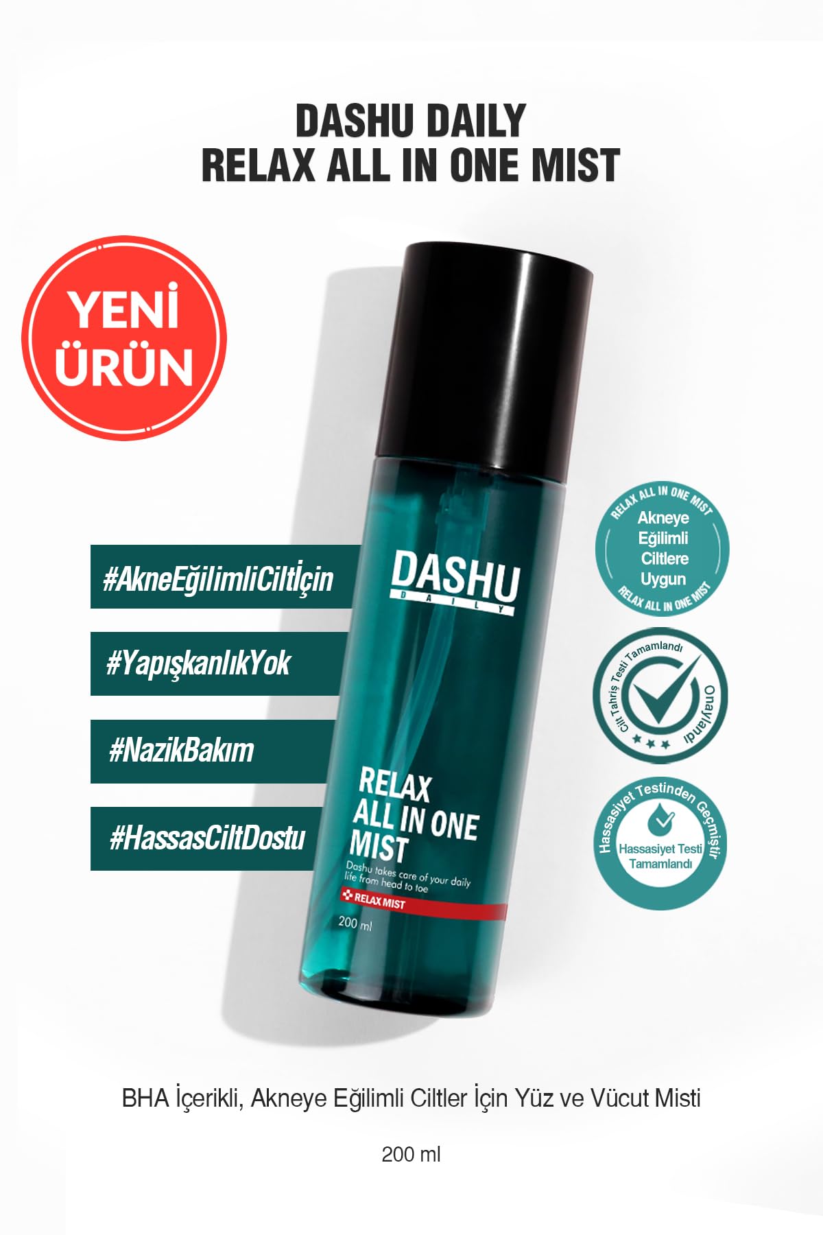 Dashu, BHA İçerikli, Akneye Eğilimli Ciltler İçin Yüz ve Vücut Misti Daily Relax All in One Mist