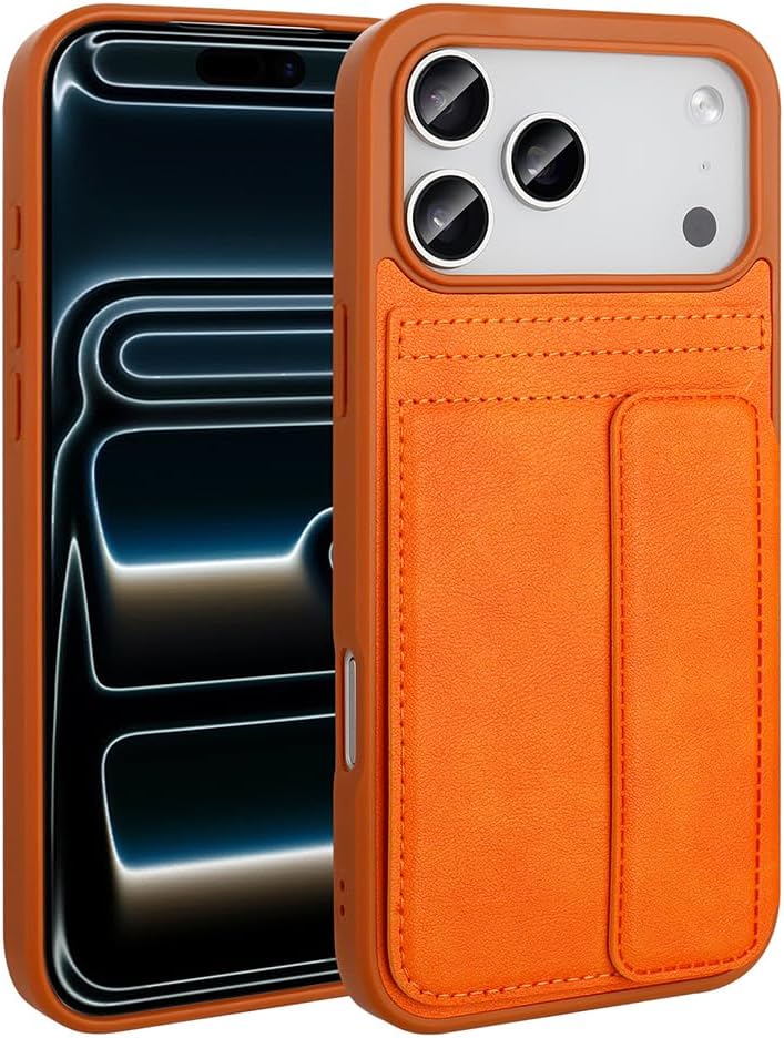 İphone 17 Pro Max İle Uyumlu Yüksek Kalite Deri Kartlıklı Sevilla Kartlık Hazneli Şık Telefon Kılıfı-Turuncu