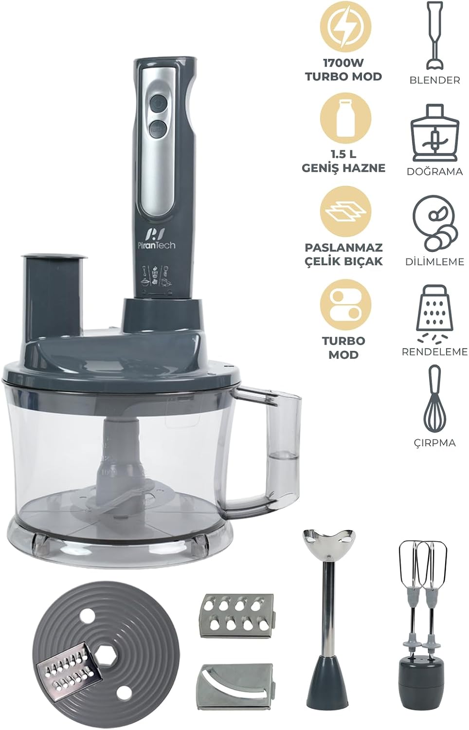 YH-1420 Mutfak Robotu – El Blenderı, Doğrayıcı, Rende ve Çırpıcı Seti
