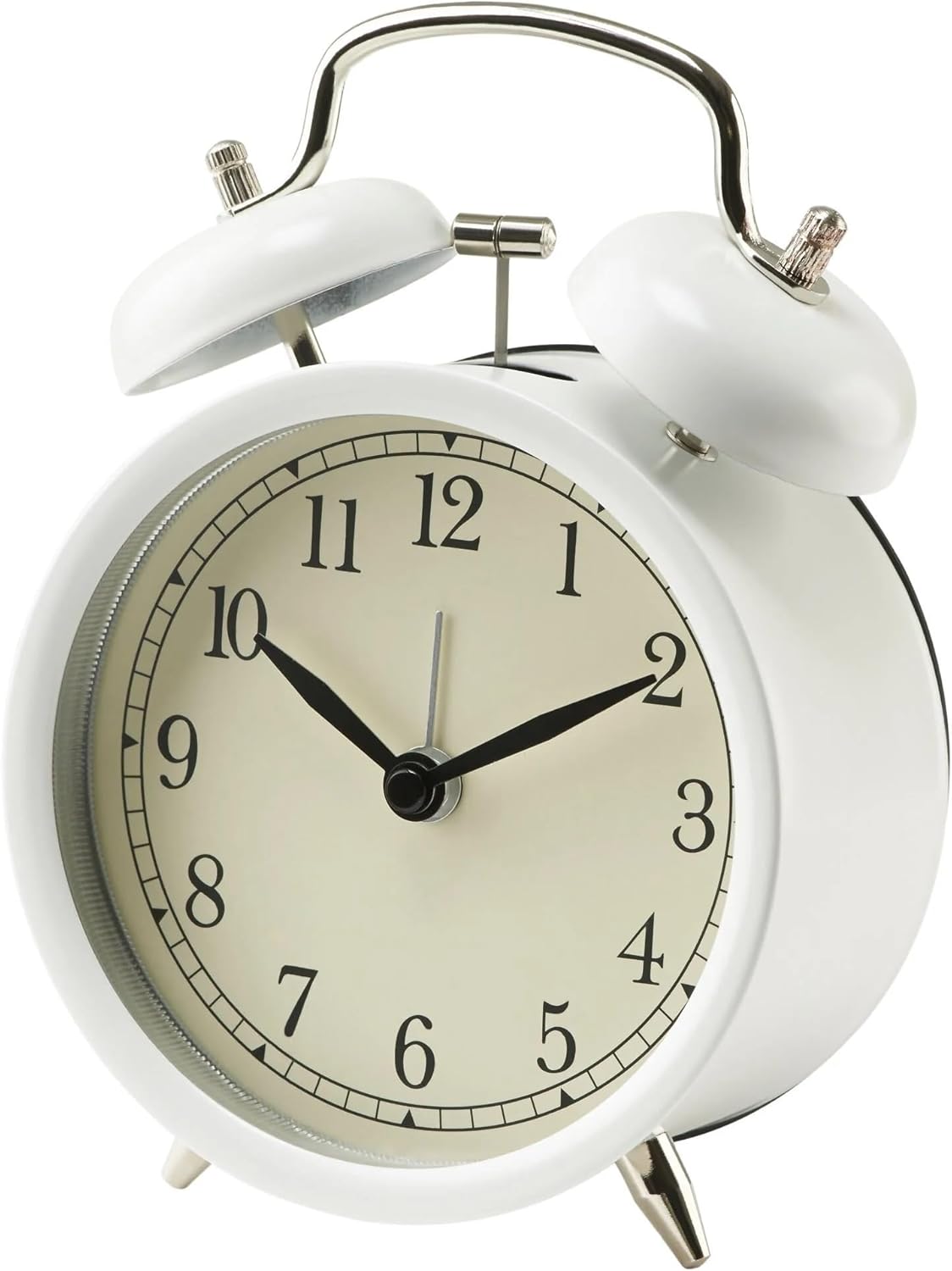 Dekad Analog Nostalji-alarmlı saat çanlar çalar saat ile metal kasa ve ön cam – G x D x Y 10 x 6 x 14 cm – Beyaz