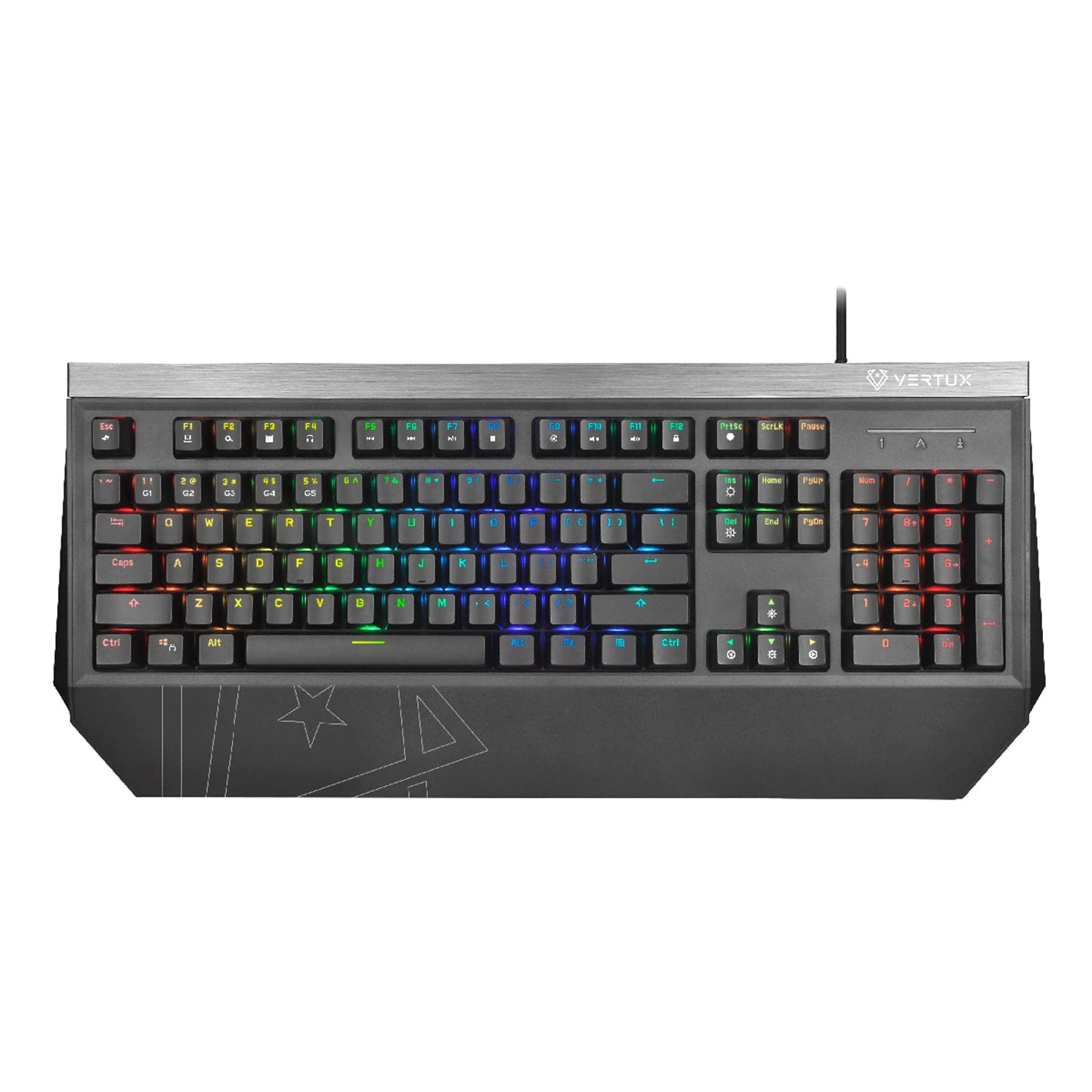 Vertux Gaming Tantalum, mekanik kablolu oyun klavyesi, tam boy, mavi şalter, 104 gölgeleme önleyici tuş, 12 multimedya Hotkeys, özel RGB arka plan aydınlatması