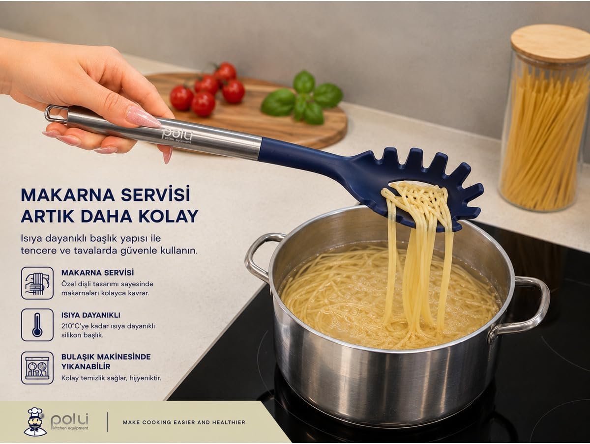 Silikon Makarna Servis Kaşığı, Paslanmaz Çelik Saplı, Lacivert, 34 cm