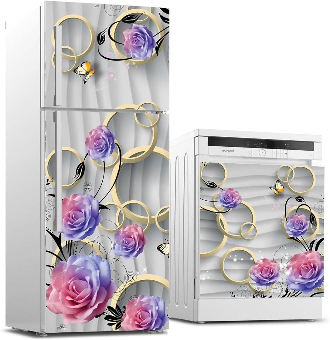 Buzdolabı ve Bulaşık Makinası Beyaz Eşya Sticker Kaplama 3d Gül Yuvarlak