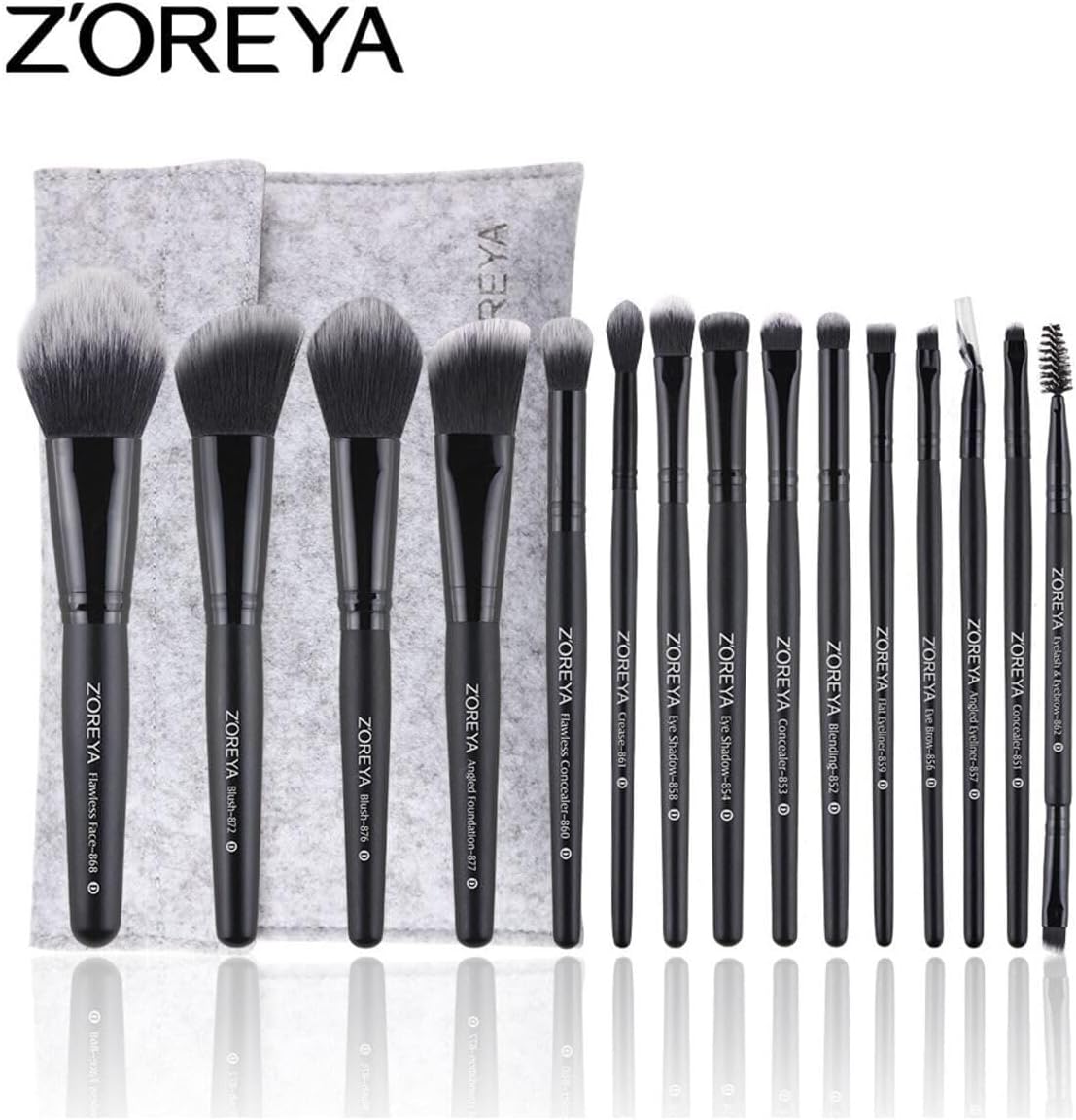 Z'oreya 15 Parça Pro Makyaj Fırça Seti, Sentetik Kıl, Siyah, Keçe Çanta