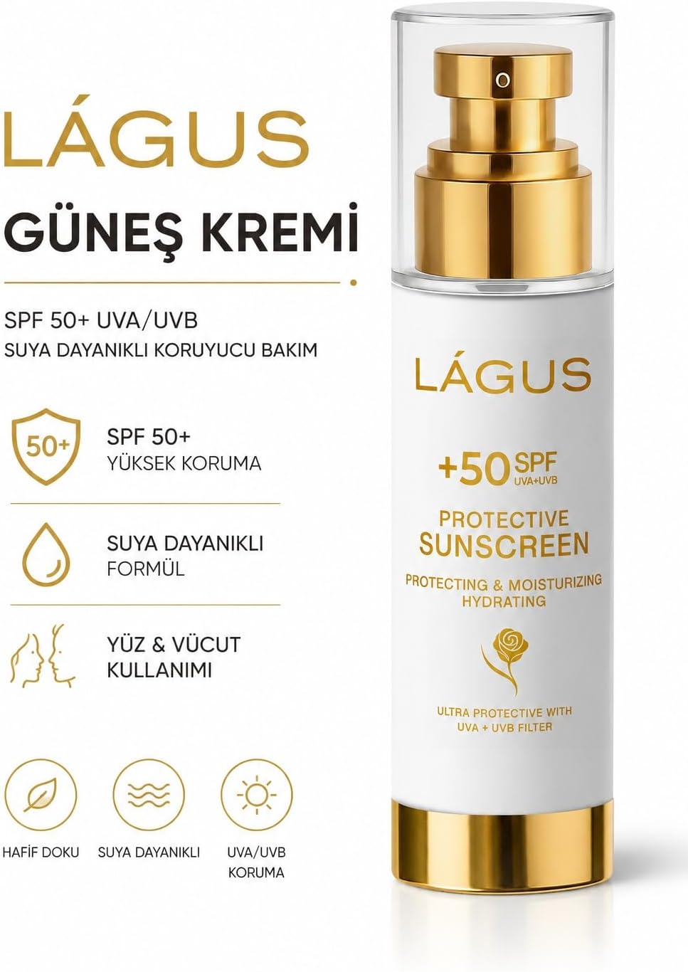 LÁGUS Güneş Kremi SPF 50+ UVA/UVB Suya Dayanıklı Koruyucu Bakım